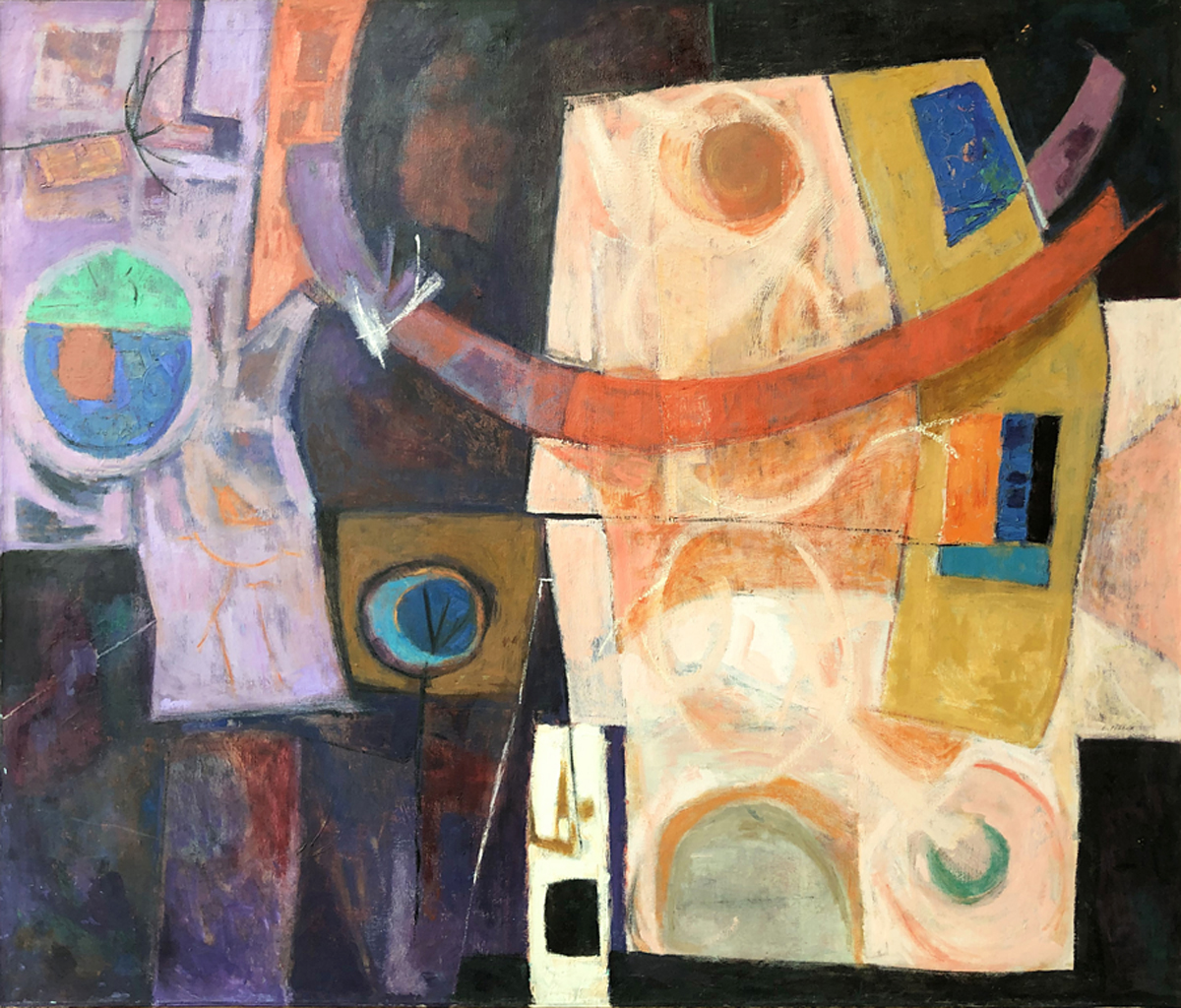 Constellation: Abstract Painting by Ethel Fisher, 1957, oil on canvas, 48 x 60 inches, mid-twentieth century abstract painting, widely exhibited in Havana, Cuba.