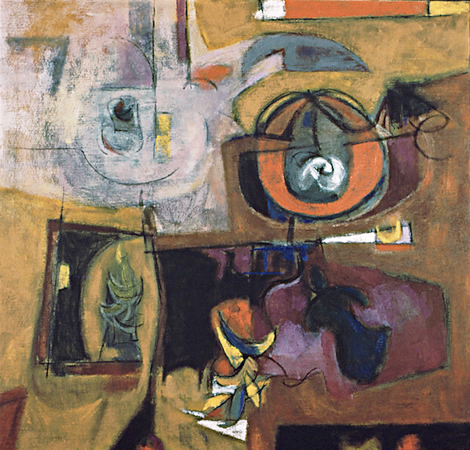 Garden Gift: Abstract Painting by Ethel Fisher, 1958, oil on canvas, 32 x 32 inches, mid-twentieth century abstract painting, widely exhibited in Havana, Cuba.