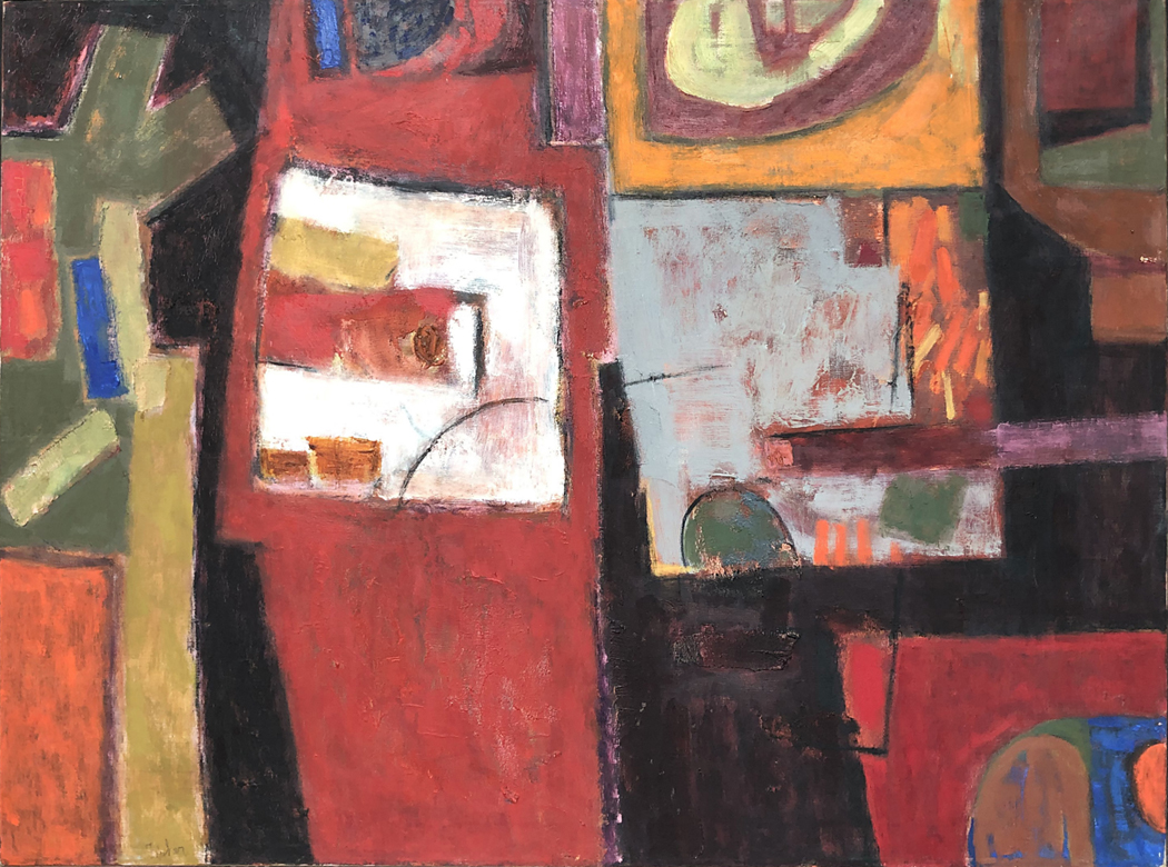 Parade: Abstract Painting by Ethel Fisher, 1957, oil on canvas, 33 x 42.5 inches, mid-twentieth century abstract painting.