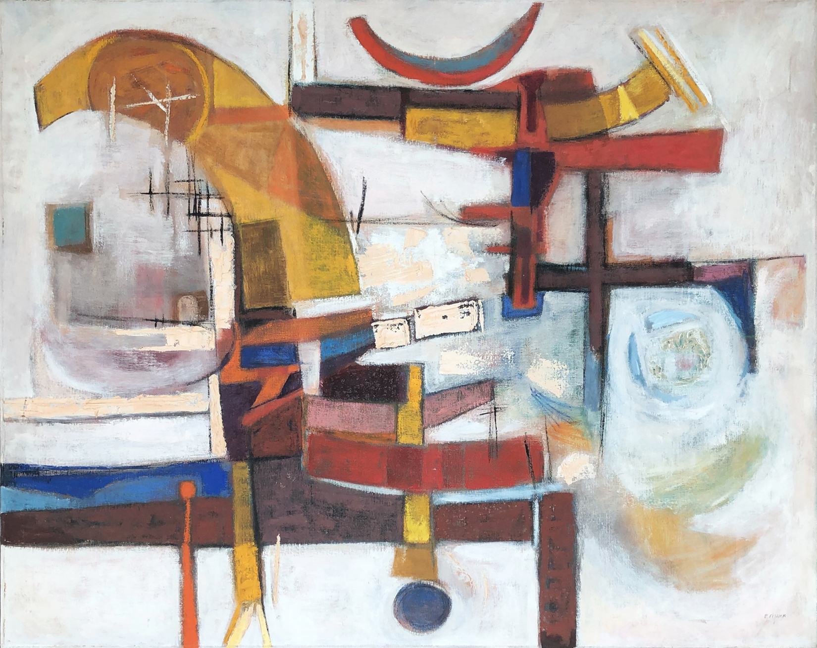 Oriental #1: Abstract Painting by Ethel Fisher, 1957, oil on canvas, 38 x 48 inches, mid-twentieth century abstract painting.