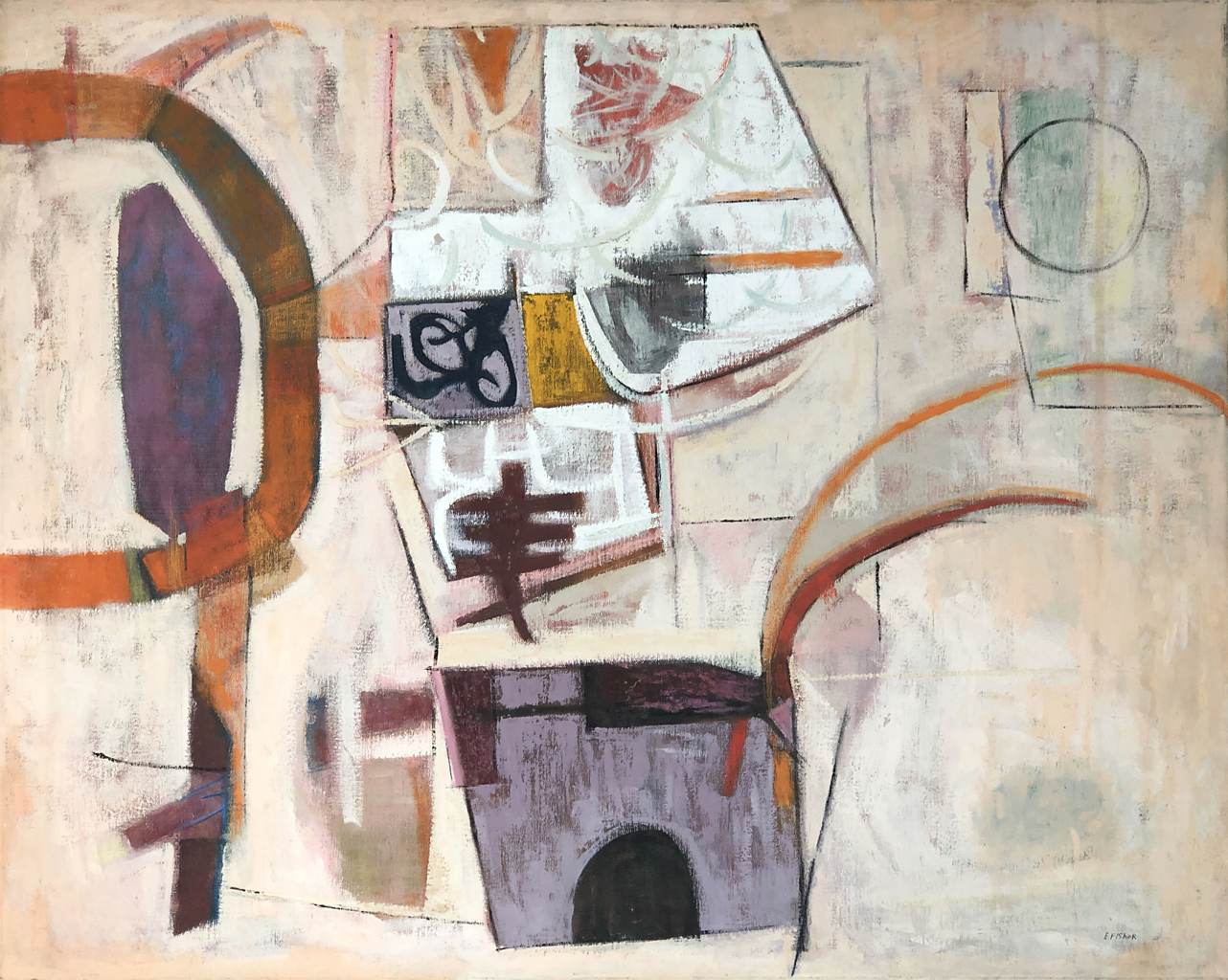 Oriental #2: Abstract Painting by Ethel Fisher, 1957, oil on canvas, 32 x 42 inches, mid-twentieth century abstract painting, widely exhibited in Havana, Cuba.