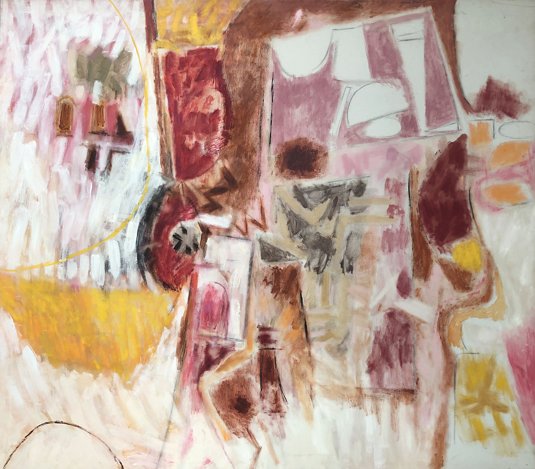 Parade: Abstract Painting by Ethel Fisher, 1959, oil on canvas, 47 x 53 inches, mid-twentieth century abstract painting, widely exhibited in Havana, Cuba.