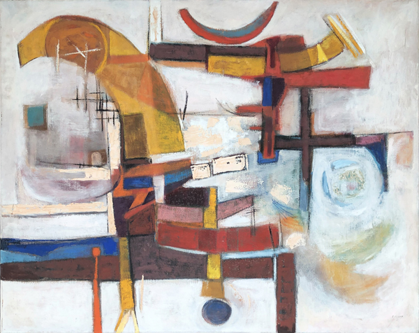 Thumbnail of OrientalNo.1: Abstract Painting by Ethel Fisher, 1957, oil on canvas, 38 x 48 inches, mid-twentieth century abstract painting.