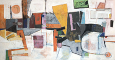 Thumbnail of The City: Abstract Painting by Ethel Fisher, 1957, oil on canvas, 30 x 68 inches, mid-twentieth century abstract painting, widely exhibited in Havana, Cuba.