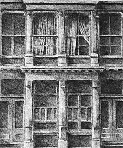 476 Broome Street, New York: Drawing by Ethel Fisher, 1976, graphite on Arches paper, 20 x 14 inches, twentieth-century drawing of a New York building façade of a mid-rise apartment building built in 1920.