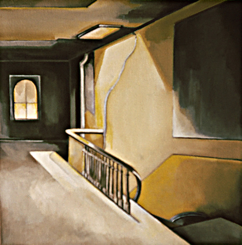 Loft Interior, New York: Painting by Ethel Fisher, 1973, oil on canvas, 15 x 15 inches, twentieth-century painting of a New York loft