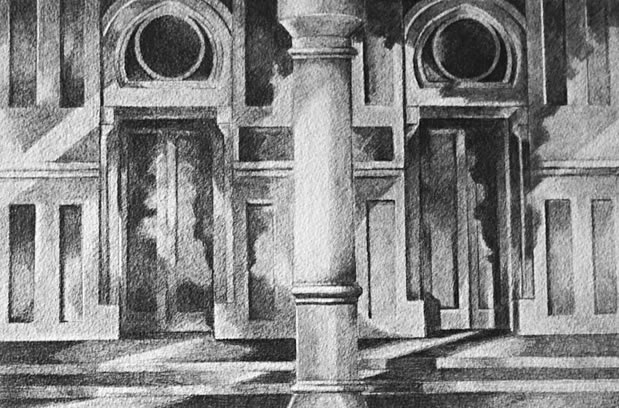 Sacred Heart Church: Drawing by Ethel Fisher, 1976, graphite on Arches paper, 14 x 20 inches, twentieth-century drawing of a New York church façade.