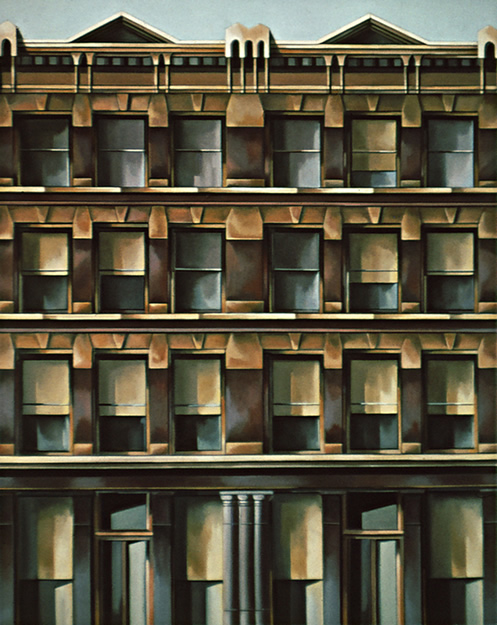 W. 14th Street: Painting by Ethel Fisher, 1974, oil on canvas, 58 x 46 inches, twentieth century painting of a New York building façade on West 14th Street.
