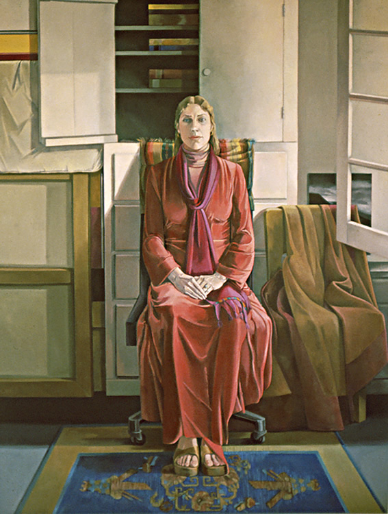 Red Robe: Large Figure Painting of artist Janice Gabriel in Los Angeles by Ethel Fisher, 1979, oil on canvas, 68 x 53 inches, twentieth century figure painting.