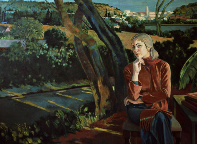 Model (Janice) in Landscape: Large Figure Painting of Janice Gabriel in landscape by Ethel Fisher, 1988–89, oil on canvas, 57 x 63 inches, twentieth century figure painting.