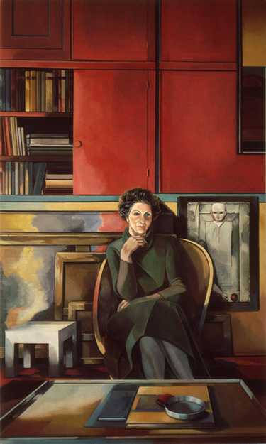 Portrait of Ilse Getz: Large Figure Painting of New York artist Ilse Getz (1917–1992) by Ethel Fisher, 1977, oil on canvas, 70 x 42 inches, twentieth century figure painting.