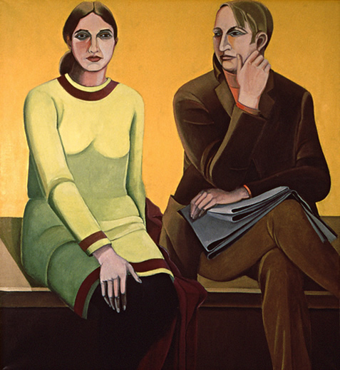 Double Portrait / Yellow Space (New York): Painting of Ethel Fisher and her husband, by Ethel Fisher, 1969, oil on canvas, 50 x 45 inches, mid-twentieth century figure painting.