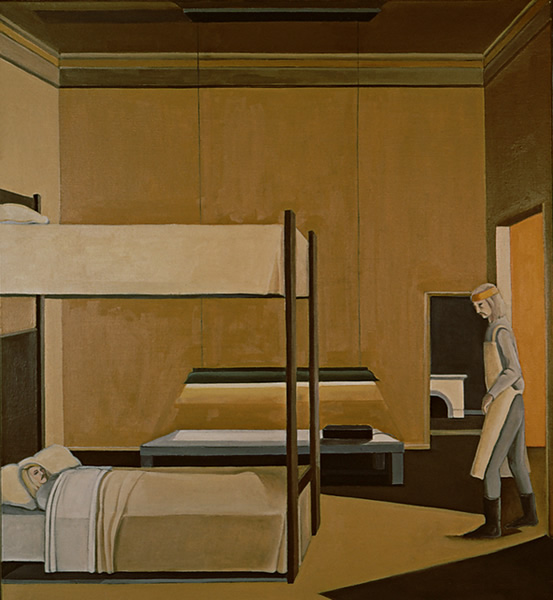 Double Portrait Paul Thek: Painting by Ethel Fisher, 1967, of the New York artist Paul Thek (1933–1988) based on Vittore Carpaccio's 1495 painting of St. Ursula's dream (in the Gallerie dell'Accademia, Venezia), oil on canvas, 36 x 33 inches, mid-twentieth century figure painting.