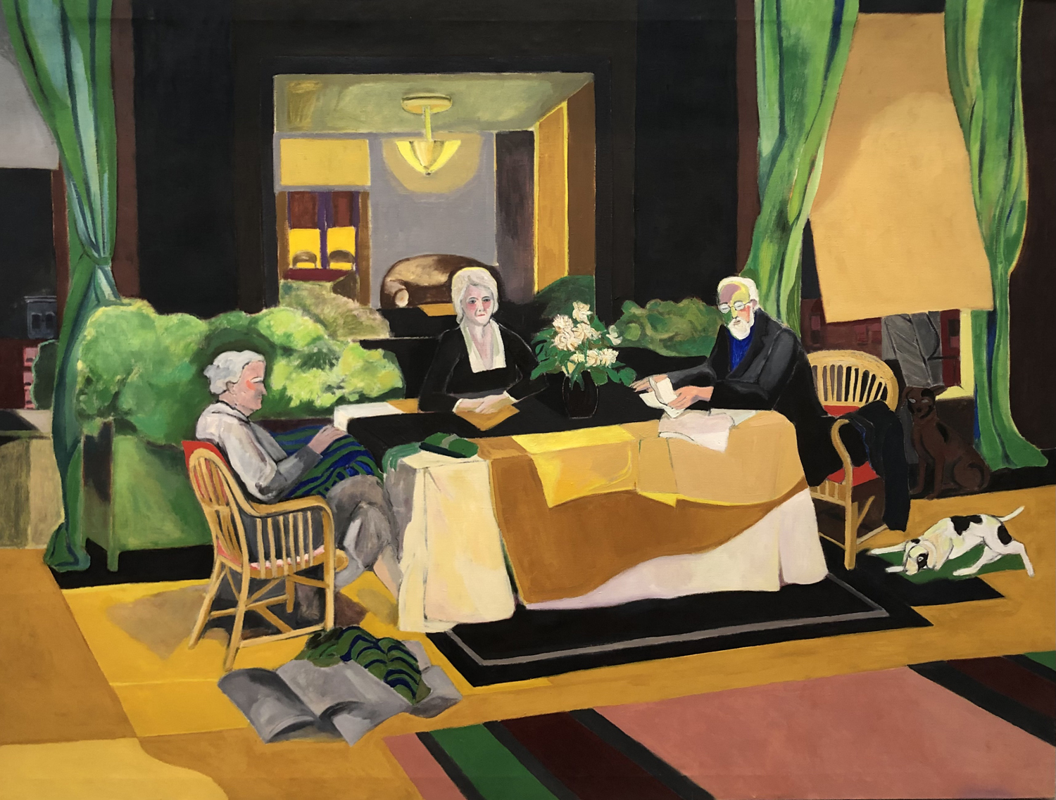 Dining Room (The Freud Family): Painting of the Sigmund Freud Family by Ethel Fisher, 1966, oil on canvas, 52 x 68 inches, mid-twentieth century figure painting.