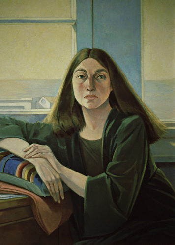 Green Robe, Figure in Front of Window: Portrait Painting (self-portrait in Los Angeles) by Ethel Fisher, 1981, oil on canvas, 30 x 25 inches, twentieth century portrait painting.
