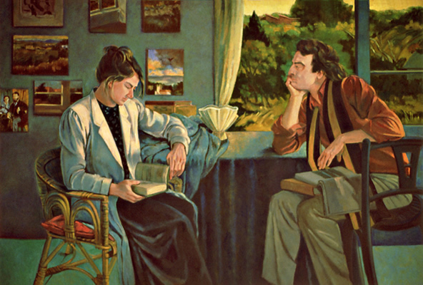 Betsy and Mark: Figure Painting of Betsy and Mark Blankfield in a Los Angeles interior, by Ethel Fisher, 1988, oil on canvas, 45 x 66 inches, twentieth century figure painting.