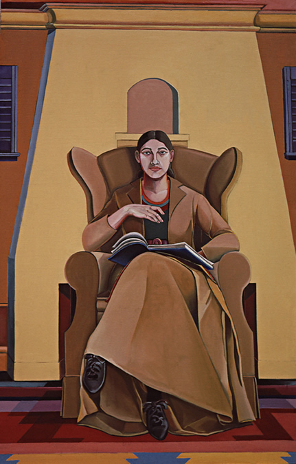 Seated Figure Fireplace: Large Figure Painting (self-portrait in Los Angeles Spanish style interior) by Ethel Fisher, 1969, oil on canvas, 66 x 42 inches, mid-twentieth century figure painting.