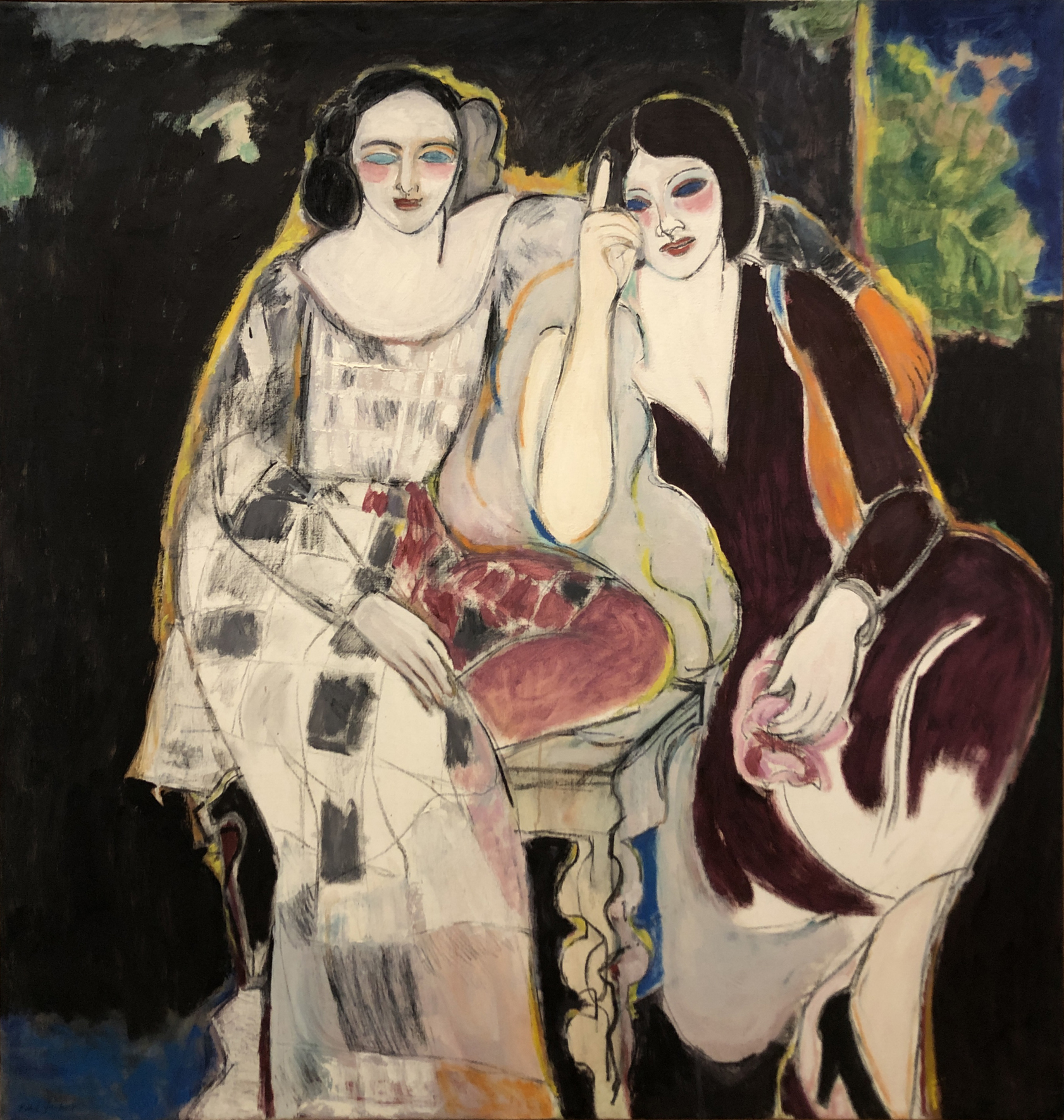 Two Sisters by Ethel Fisher, 1964, oil on linen, 44 x 42 inches, twentieth century figure painting.