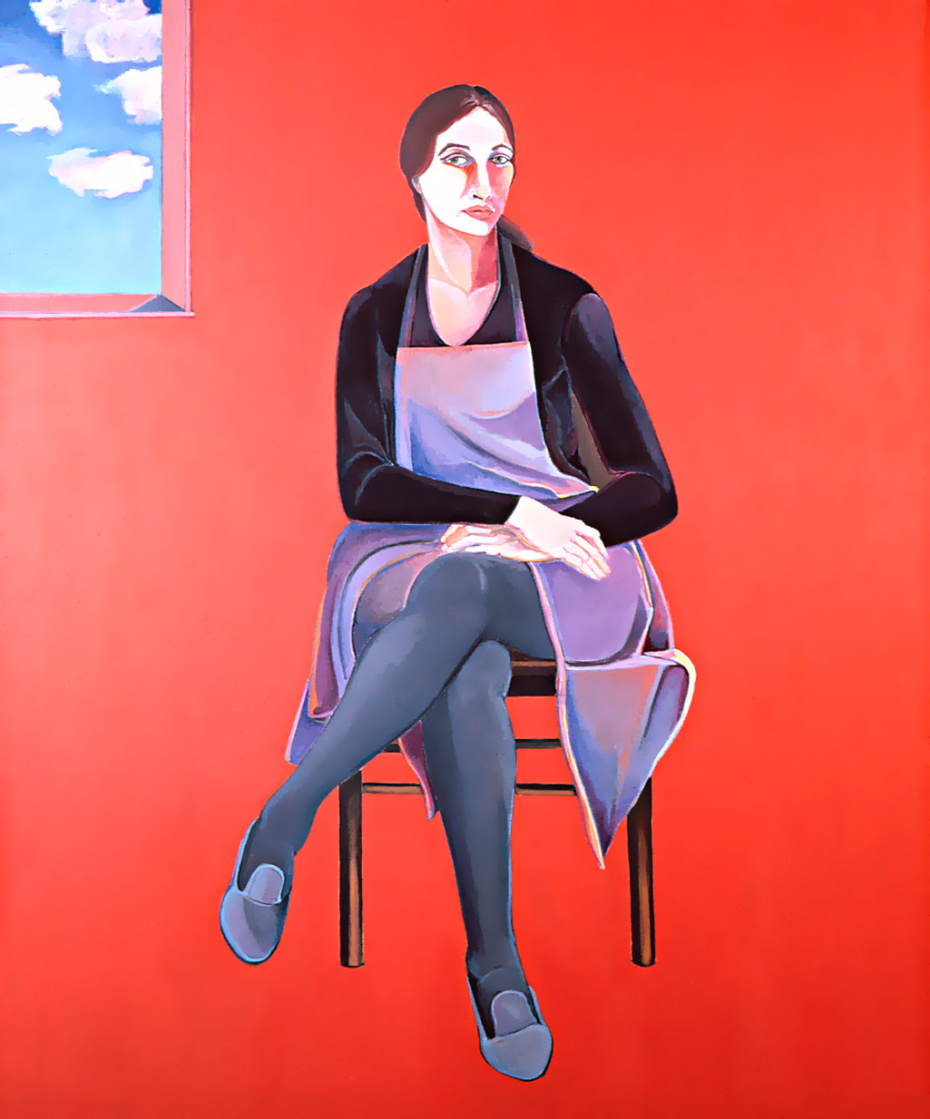 Self Portrait Red Space by Ethel Fisher, 1968, oil on linen, 55 x 45 inches, twentieth century figure painting.