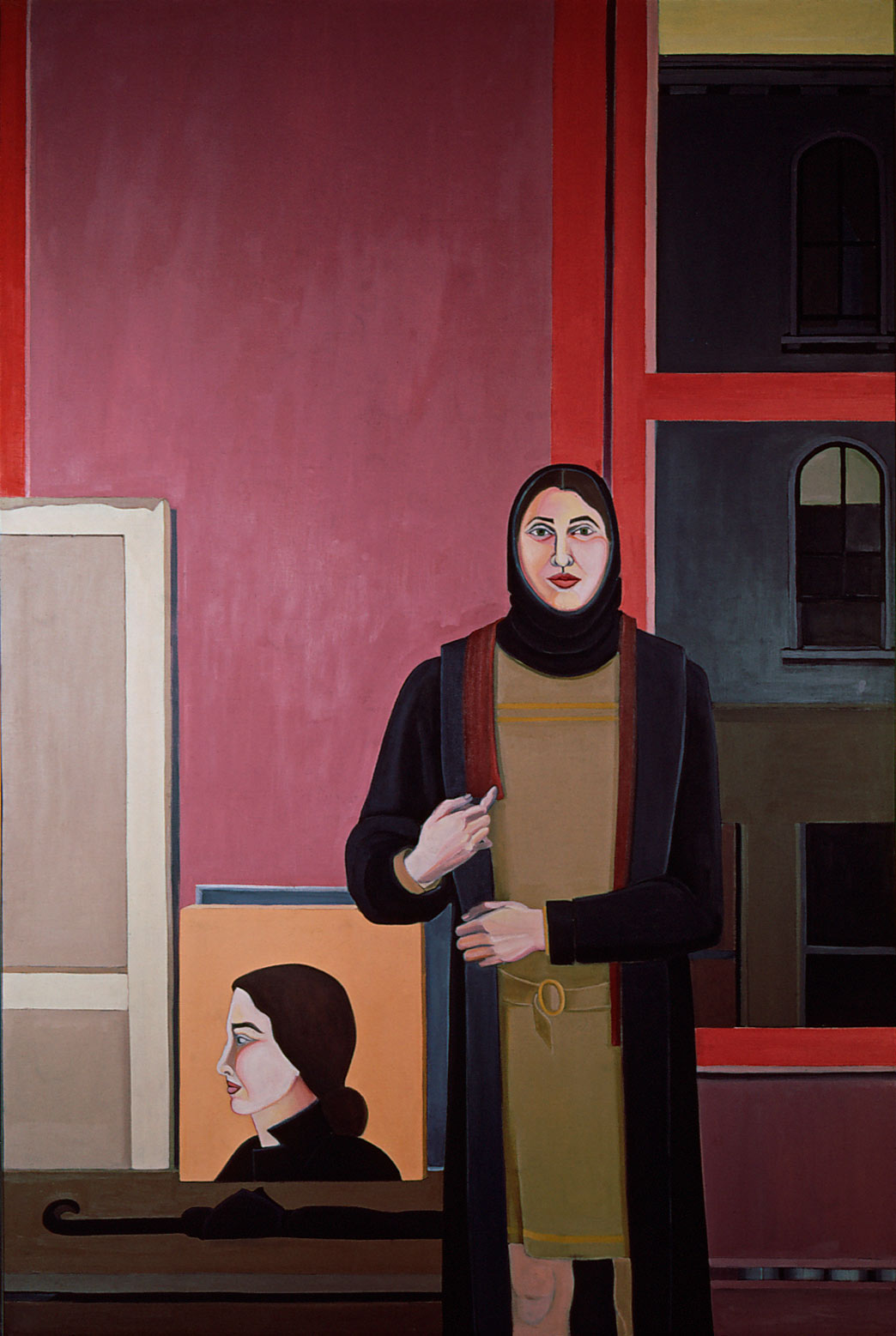 Self in New York with Profile Painting by Ethel Fisher, 1968, oil on linen, 72 x 48 inches, twentieth century figure painting.