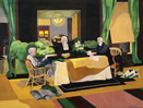 Thumbnail of Dining Room (The Freud Family): Painting of the Sigmund Freud Family by Ethel Fisher, 1966, oil on canvas, 52 x 68 inches, mid-twentieth century figure painting.