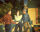 Thumbnail of Farewell to Hollywood (David Ward, Sandra Fisher, R. B. Kitaj): Painting by Ethel Fisher, 1991, of Sandra Fisher, Ron Kitaj and David Ward with landscape, oil on canvas, 48 x 60 inches, twentieth century figure painting.