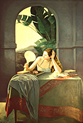 Thumbnail of Model Holding Mirror: Figure Painting in a Spanish southern California architectural setting by Ethel Fisher, 1982, oil on canvas, 72 x 51 inches, twentieth century figure painting.