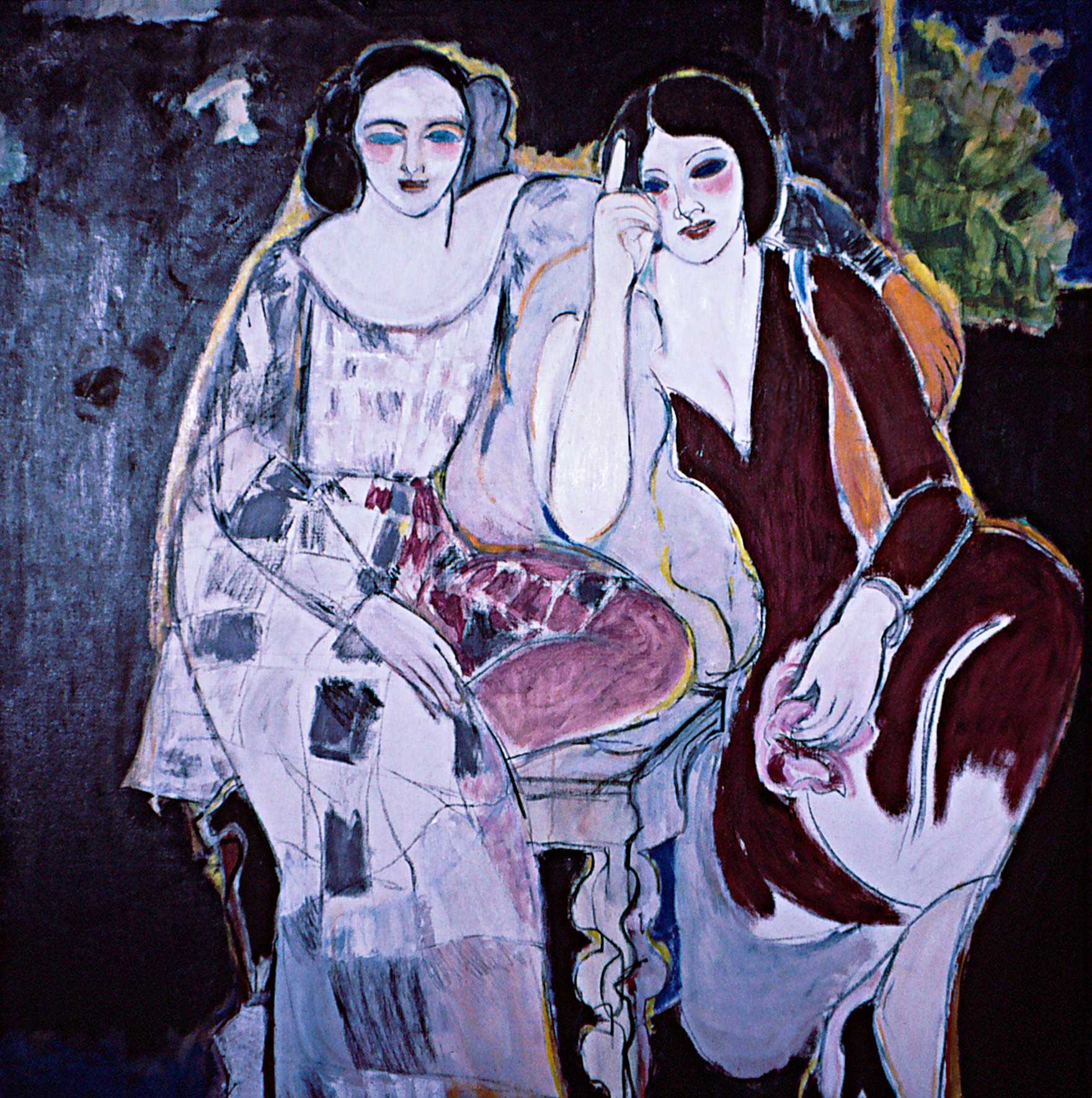Thumbnail of Two Sisters: Painting by Ethel Fisher, 1964, oil on linen, 44 x 42 inches, mid-twentieth century figure painting.