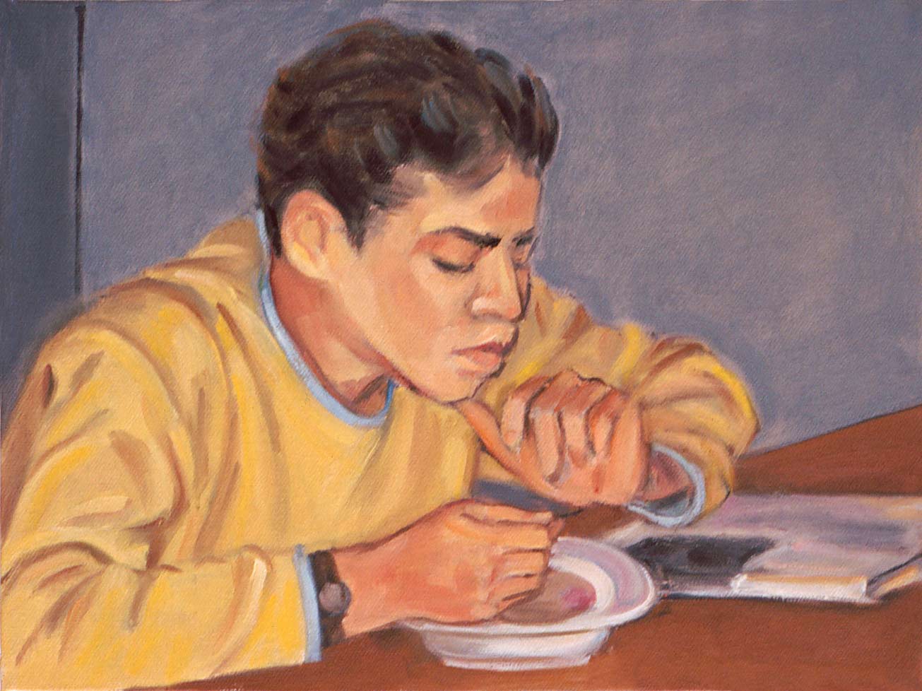 Thumbnail of Ben Rosen Eating: by Ethel Fisher, 1988, oil on canvas, 9 x 12 inches, twentieth century figure painting.