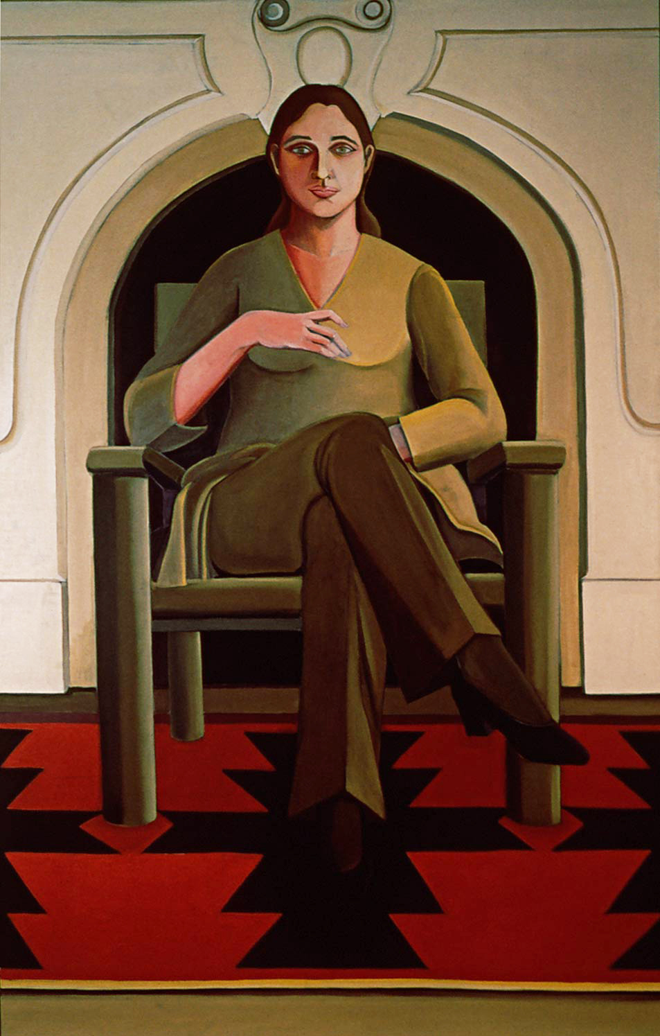Thumbnail of Self Portrait New York Fireplace, Painting by Ethel Fisher of the artist in her New York studio, 1969, oil on linen, 68 x 42 inches, mid-twentieth century figure painting.