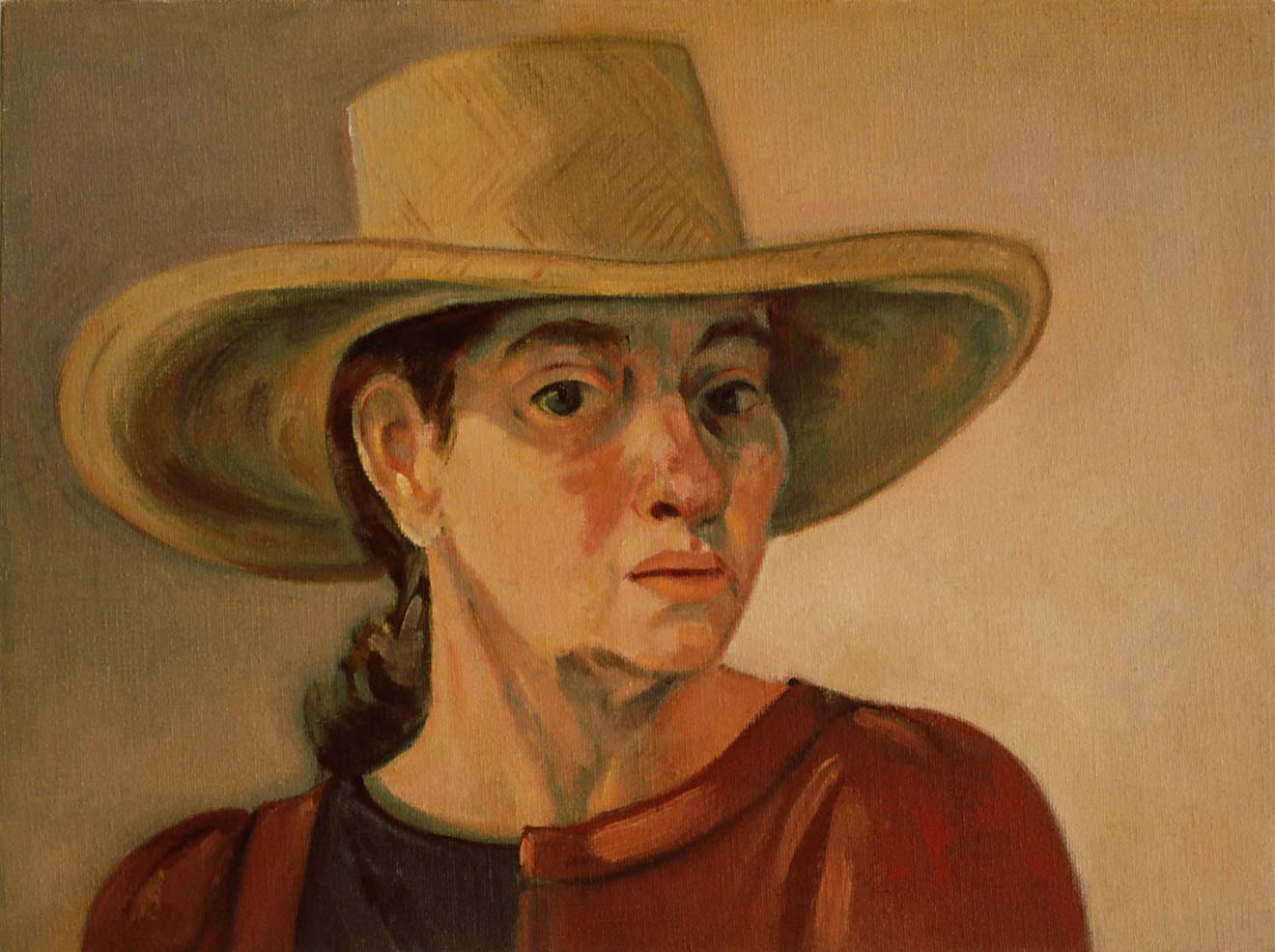 Thumbnail of Self Portrait in Straw Hat: by Ethel Fisher, 1988, oil on canvas, 12 x 16 inches, twentieth century figure painting.
