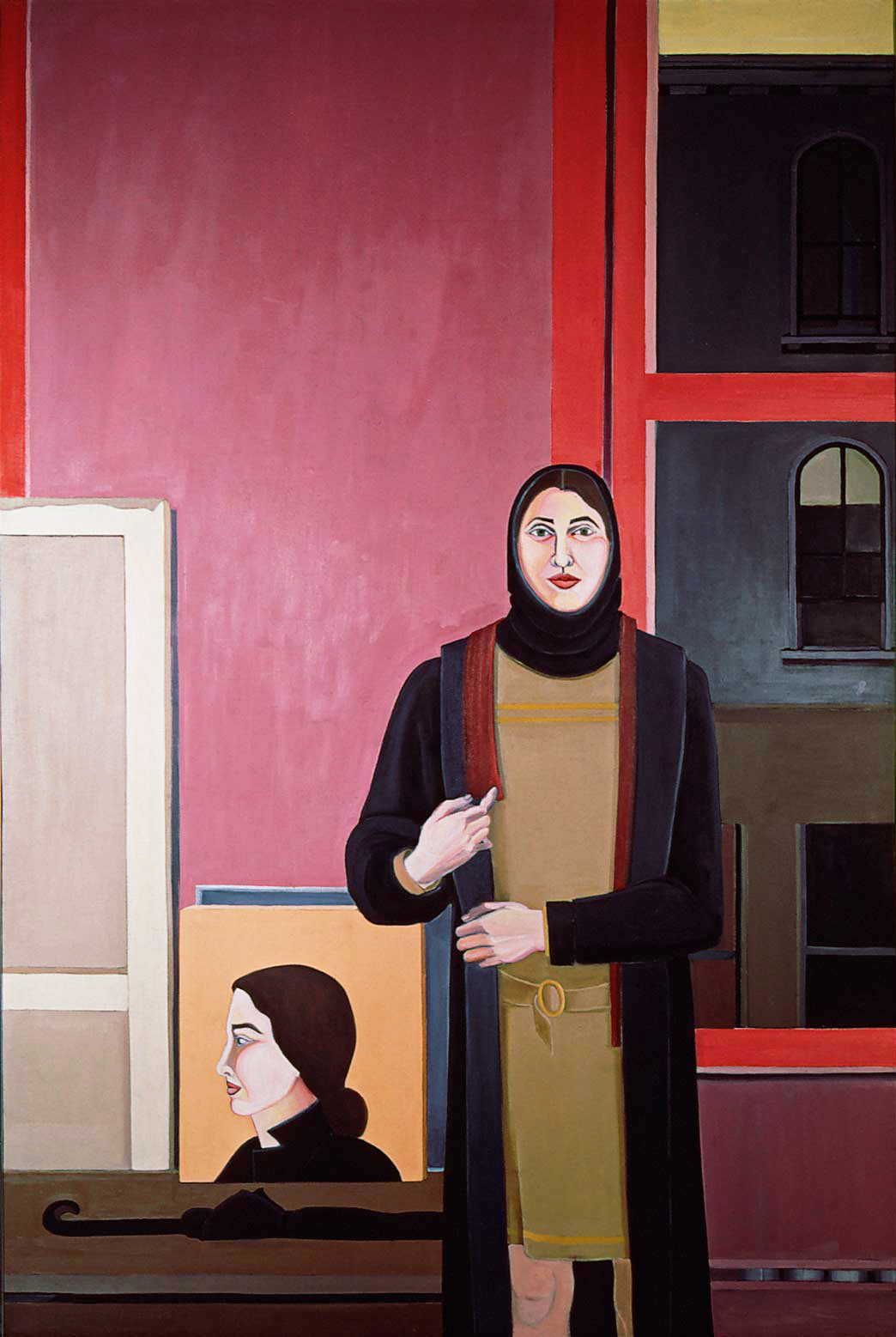 Self Portrait in New York with profile canvas: Large figure painting by Ethel Fisher, 1968, oil on linen, 72 x 48 inches, mid-twentieth century painting.