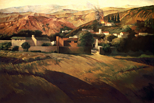 California Landscape II/with fire in distance: California Landscape Painting by Ethel Fisher, 1985, oil on canvas, 48 x 72 inches, twentieth-century landscape painting with a California wildfire.
