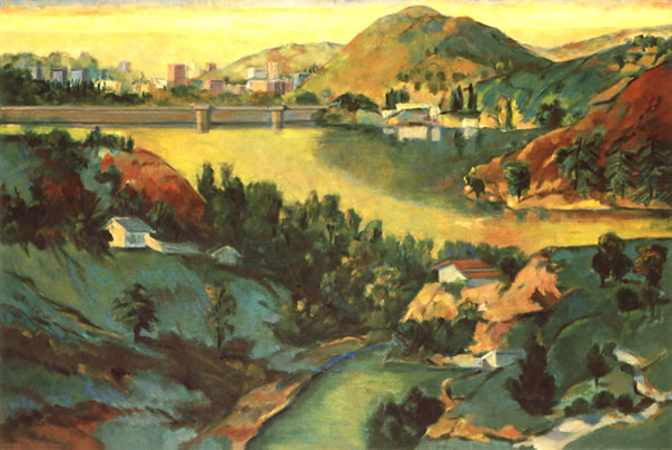 Lake Hollywood: California Landscape Painting by Ethel Fisher, 1992, oil on canvas, 28 x 42 inches, late twentieth-century landscape painting of Lake Hollywood in California.