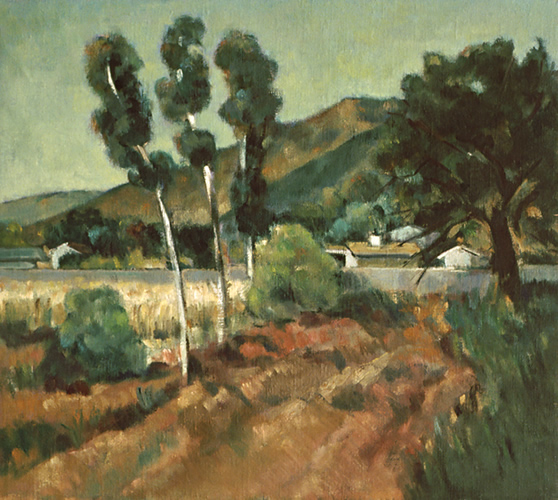 View of Montecito: Landscape Painting by Ethel Fisher, 1988, oil on canvas, 18 x 18 inches, late twentieth-century landscape painting.