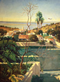 Thumbnail of 3 Palms with Airship: California Landscape Painting of Pacific Palisades by Ethel Fisher, 1993, oil on canvas, 52 x 44 inches, late twentieth-century landscape painting with airship or blimp over Pacific Ocean.