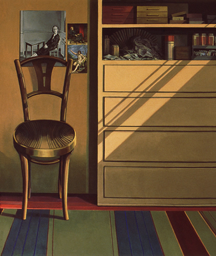 Studio Wall: Painting of studio interior with chair, by Ethel Fisher, 1979, oil on canvas, 54 x 48 inches, late twentieth-century painting.