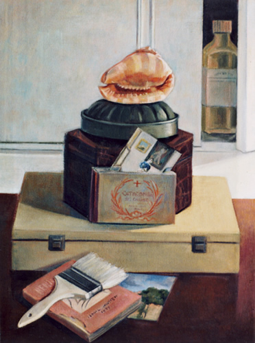 Still Life #3 with Shell on Top: Still Life Painting with hat box, gelatin mold, conch shell, paintbrush and postcards of the catacombs by Ethel Fisher, 1983, oil on canvas, 24 x 18 inches, late twentieth century still life painting.