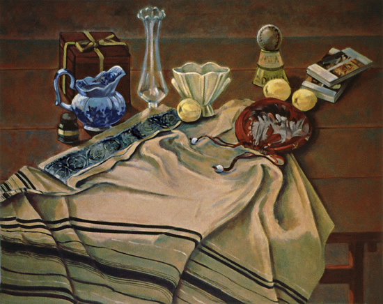 Still Life with Blue Pitcher and Tallis: Still Life Painting with tallis or tallit, the Jewish prayer shawl, by Ethel Fisher, 1990, oil on canvas, 31 x 39 inches, late twentieth century still life painting.
