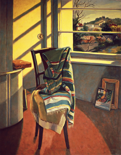 Corner of Studio #2: Painting of artist's studio with chair, rug, window and exterior landscape, by Ethel Fisher, 1993, oil on canvas, 41 x 32 inches, late twentieth-century still life painting.