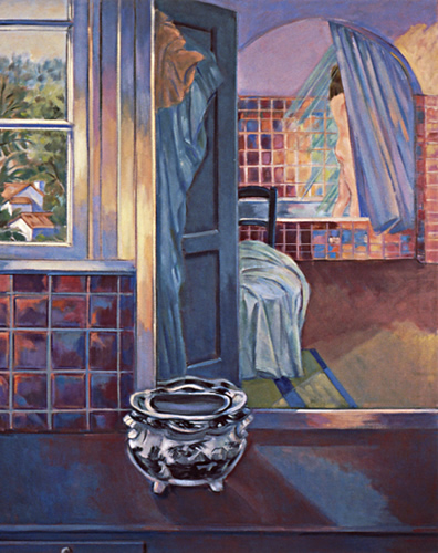 Reflection in Bathroom Mirror: Painting of interior, window and exterior landscape, by Ethel Fisher, 1999, oil on canvas, 40 x 32 inches, twentieth-century painting.