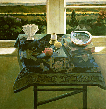 Still Life with Landscape and Chinese Rug: Still Life Painting of Chinese rug and abalone shell on a table by the window, with landscape exterior view, by Ethel Fisher, 1985, oil on canvas, 40 x 40 inches, late twentieth century still life painting.