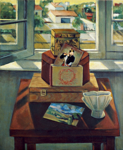 Still Life with Three Boxes: Still Life Painting with three boxes and a painting by Manet of the fifer boy on a table by window with exterior landscape view, by Ethel Fisher, 1994, oil on canvas, 24 x 20 inches, late twentieth century still life painting.