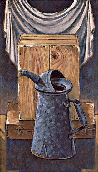 The Packing Crate and Watering Can: Still Life Painting by Ethel Fisher, 2005, oil on canvas, 28 x 16 inches, twenty first century still life painting.