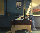 Thumbnail of Blue Interior: Painting of interior, window and exterior landscape, by Ethel Fisher, 1981, oil on canvas, 58 x 70 inches, twentieth-century painting.