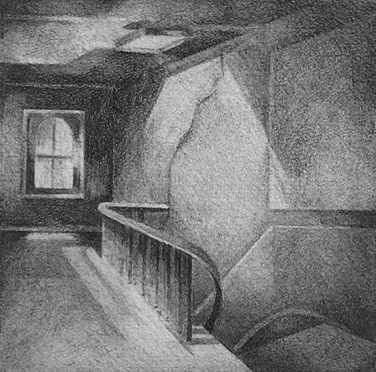 Loft Interior with Staircase, New York City, 1975 / graphite on Arches paper / 20 x 14 (7.75 x 7.75) inches.