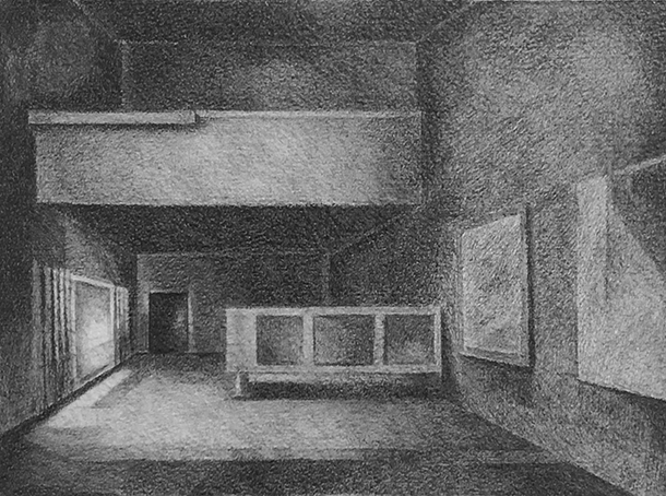 Pavilion de L'espirit Nouveau Paris (1925), 1975 / graphite on Arches paper / 20 x 14 (6.5 x 8.75) inches.