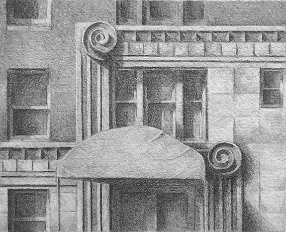 Entrance East 68 th St NYC, 1975 / graphite on Arches paper / 20 x 14 (6.5 x 8) inches.