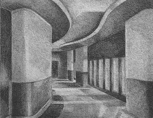 Auditorium Lobby, New School for Social Research, 1975 / graphite on Arches paper / 20 x 14 (5.75 x 7.25) inches.