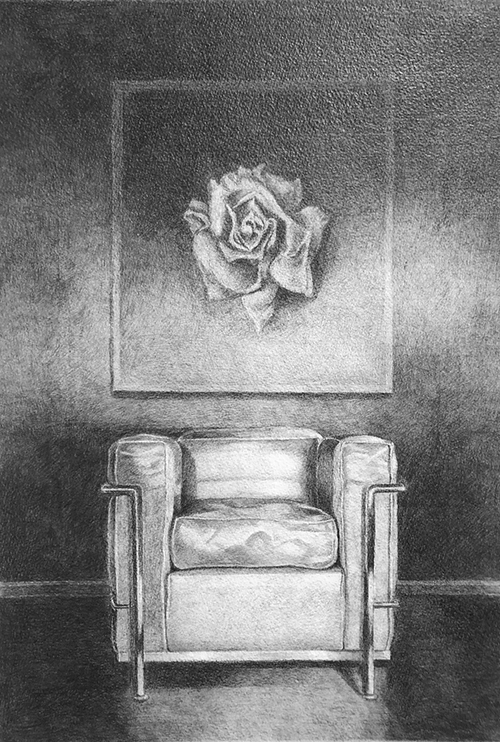 Corbusier Chair with Painting of a Rose, 1978 / graphite on Arches paper / 20 x 14 inches.